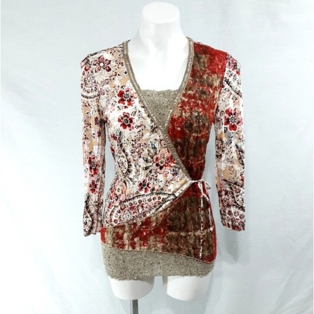 NWT Elysee Faux Wrap Floral Blouse Top Small Elbow Sleeve Boho Romantic Trendy